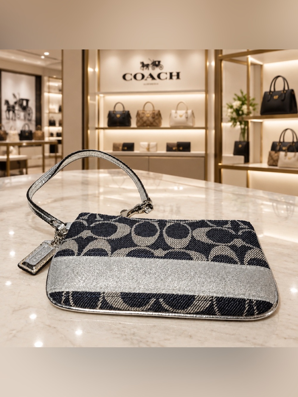🦋COACH POPPY DENIM STRIPE SILVER Wallet Wristlet 🦋 - Picture 5 of 8